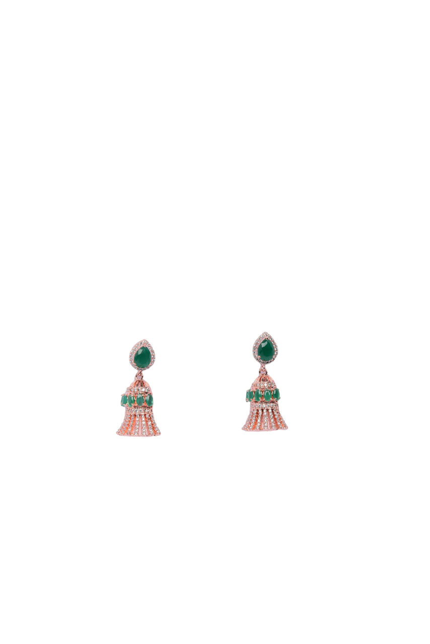 Namokriti Rose Gold-Toned Teardrop Jhumka Earrings – Beautifully Embellished with Emerald green stone & cubic zircoin stone for Classic Elegance